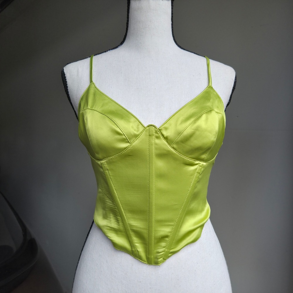 Garage Corset Top Womens Small Lime Green Satin Brat Baddie Y2K Party Festival